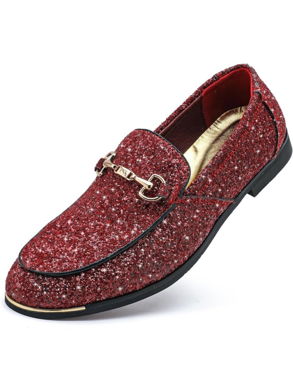🆕Men's Red Rubber Velvet Leather Glitter With Gold Buckle Loafers Slip On Shoes